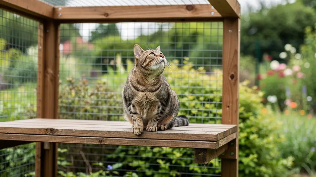 Chat accroupi sur plateforme dans un catio jardin, observant un oiseau avec attention, stimulation naturelle