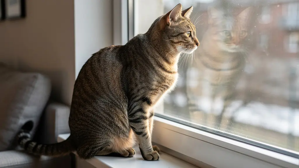 Chat domestique assis sur rebord de fenêtre regardant intensément dehors, comportement typique d'ennui félin