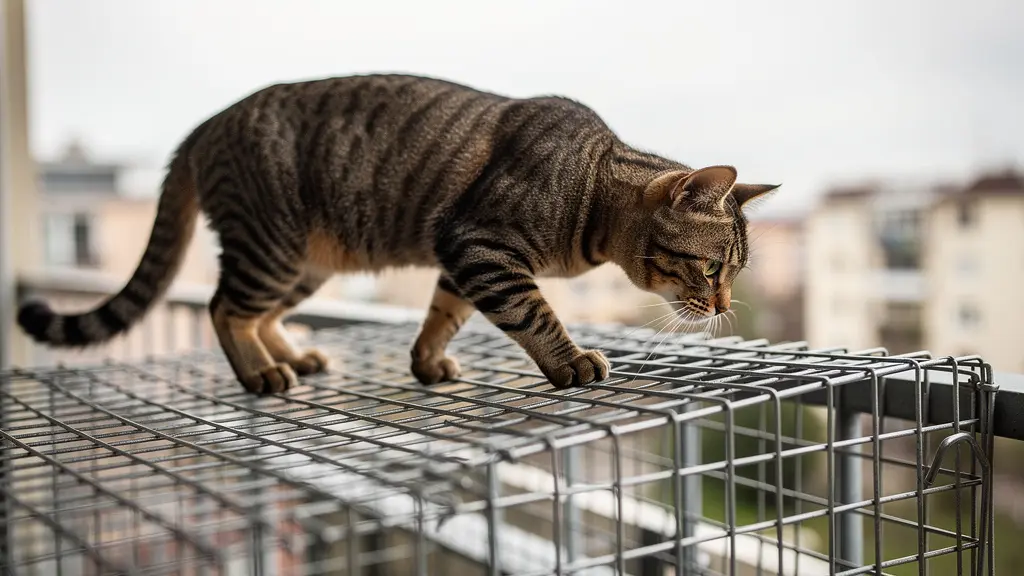 Chat européen tigré explorant un catio grillagé sur balcon ensoleillé, posture détendue