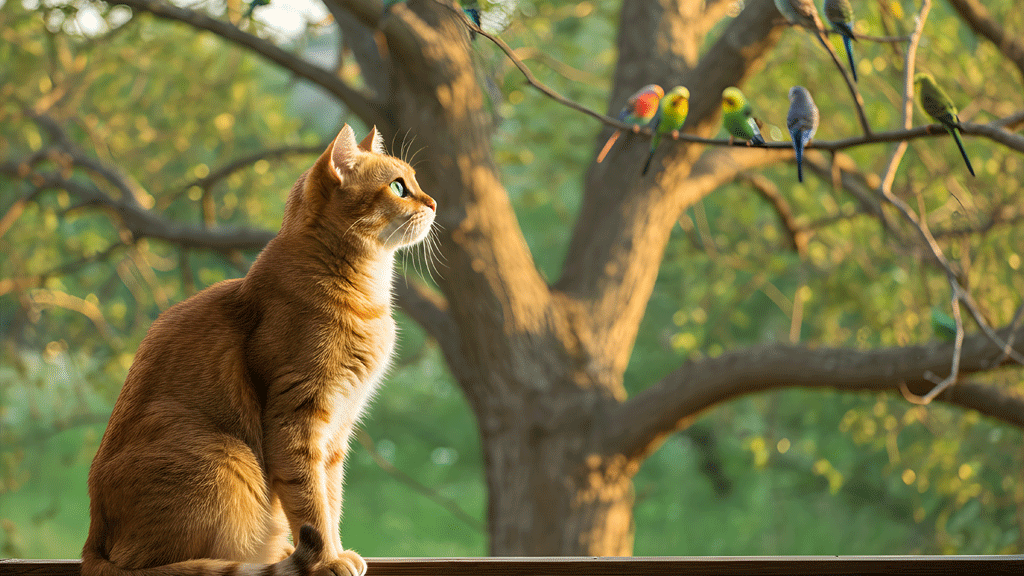 Chat accroupi sur plateforme dans un catio jardin, observant un oiseau avec attention, stimulation naturelle